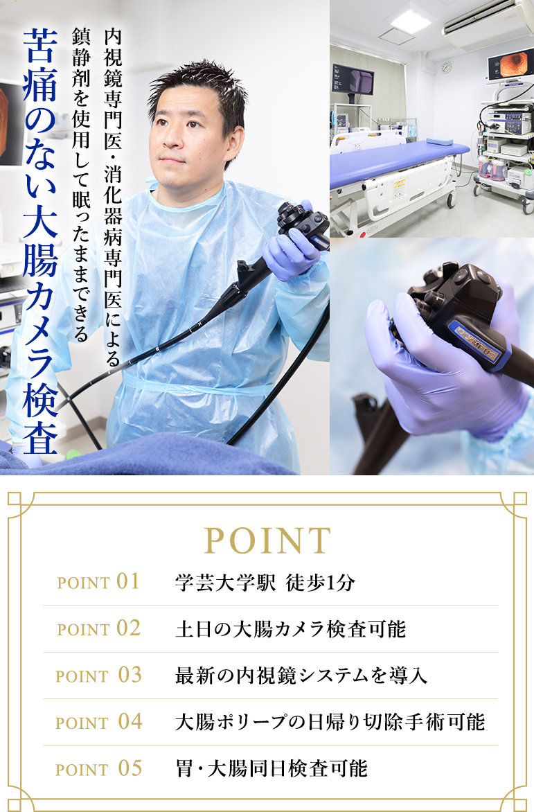 内視鏡専門医・消化器病専門医による鎮静剤を使用して眠ったままできる苦痛のない大腸カメラ検査 POINT 01：学芸大学駅 徒歩1分　POINT 02：土日の大腸カメラ検査可能　POINT 03：最新の内視鏡システムを導入　POINT 04：大腸ポリープの日帰り切除手術可能　POINT 05：胃・大腸同日検査可能